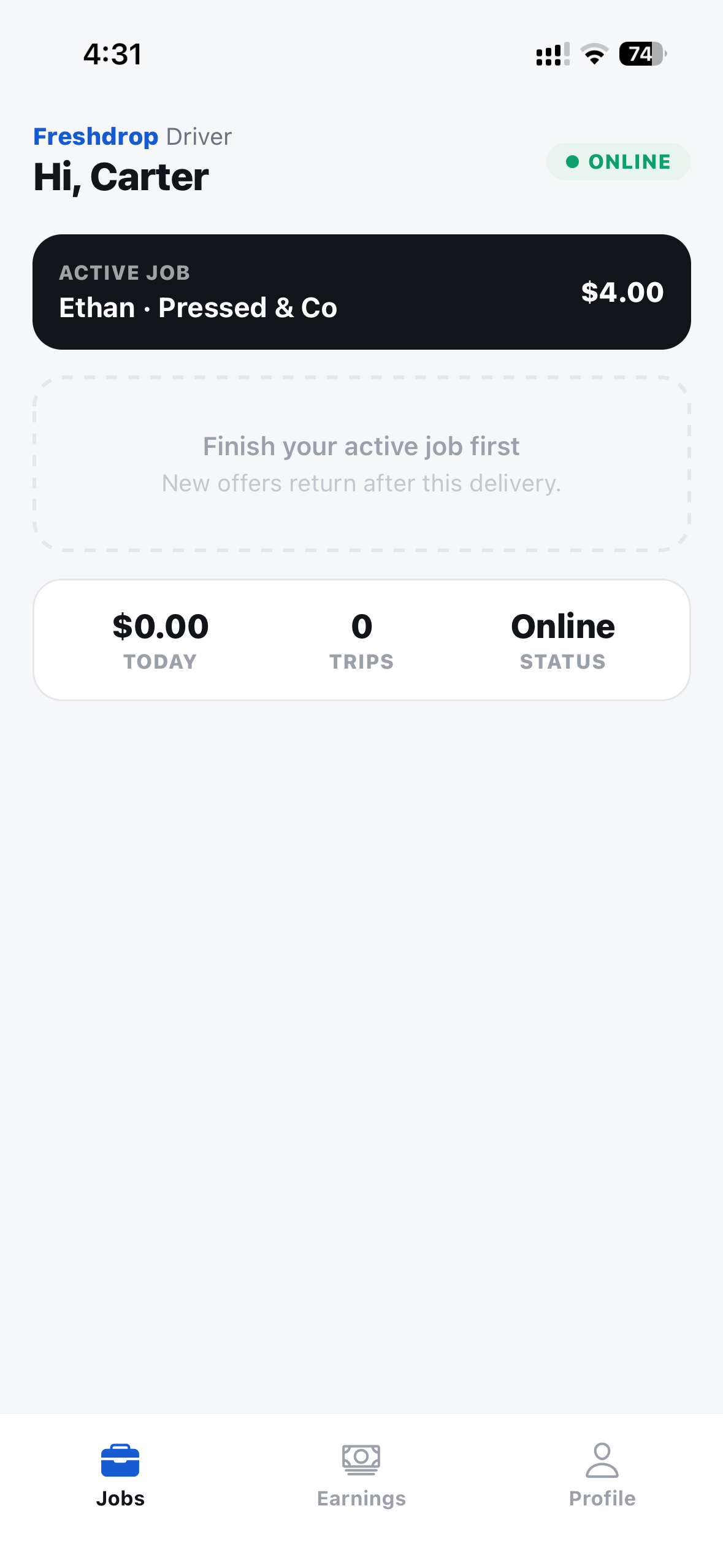 FreshDrop driver screen: online status, an active job for Pressed & Co with its payout, and today's earnings and trip count.